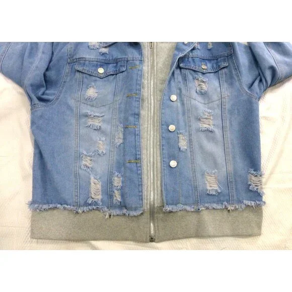 Distressed Denim Hooded Jacket With Playful Rips & Layered Style 1X Thrill Jeans - Picture 2 of 13